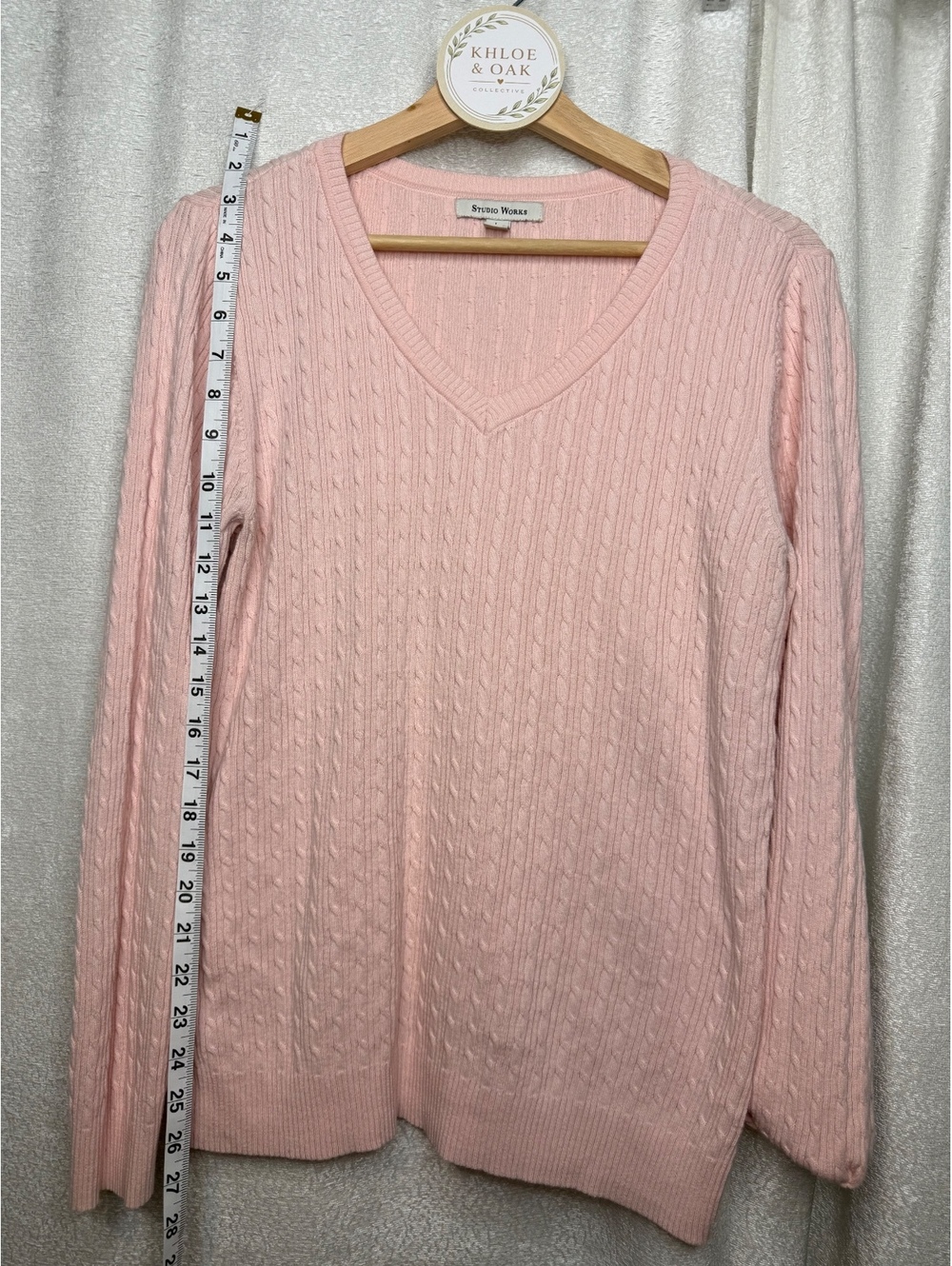 Studio Works Pink Cable Knit V-Neck Pullover Sweater Size L